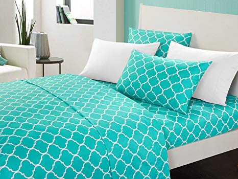 Chic Home Fallon 6 Piece Sheet Set Super Soft Contemporary Geometric Pattern Print Deep Pocket Design - Includes Flat & Fitted Sheets and Bonus Pillowcases, Queen Turquoise