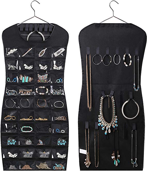 MISSLO Dual Sided Hanging Jewelry Organizer with 40 Pockets and 24 Hook & Loops Closet Necklace Holder for Earring Bracelet Ring Chain with Hanger, Black