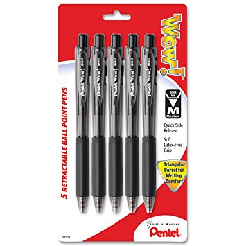 Pentel WOW! Retractable Ballpoint Pens, Medium Line, Black Ink, 5 Pack  (BK440BP5A)