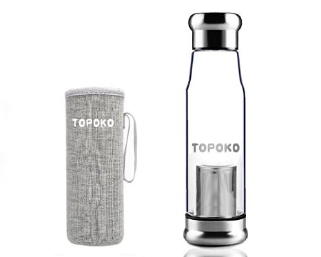 TOPOKO Handmade 18.5 Oz Glass Water Bottle-Extra Strong Crystal Glass Bottle Tea Cup With Tea infuser Loose Leaf Tea Strainer Tea Bottle And Handmade Colorful Handle Nylon Sleeve