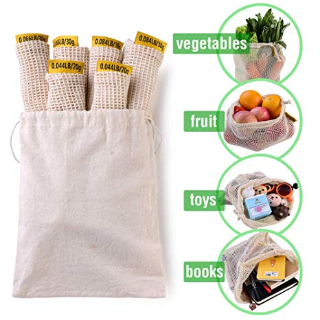 Reusable Mesh Produce Bags Breathable - XREXS Set of 7 Natural Cotton Material Washable Shopping Bags, Lightweight Durable Storage Bags for Grocery Shopping & Storage