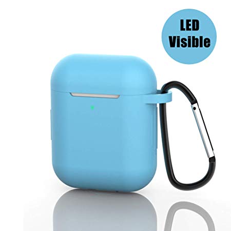 AirPods Case, Silicone Protective Cover Compatible with Apple AirPods 1/2 Shock Resistant Waterproof AirPods Cover with Carabiner Anti-lost Strap Anti-Dust Plug Front LED indicator Visible(Light Blue)