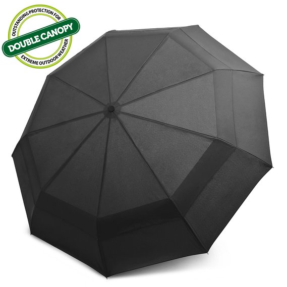 EEZ-Y Double Canopy Wind Resistant Travel Umbrella - Auto Open Close Button for One Handed Operation - Compact and Lightweight for Easy Carrying