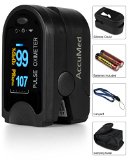 AccuMed CMS-50D Pulse Oximeter Finger Pulse Blood Oxygen SpO2 Monitor w Carrying case Landyard Silicon Case and Battery