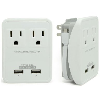 RND Compact Power Station 24 Amp Dual USB Ports 2 AC Outlet Wall Charger with an attached 7 inch Micro USB cable for Samsung Galaxy Tabletsamp More as well as USB Ports for iPhones iPadswhite