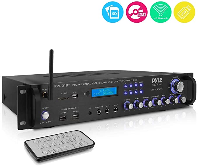 Multi Channel Bluetooth Preamplifier Receiver - 2000 Watt Audio Home Speaker Sound Stereo Receiver W/Radio, USB, Headphone, Aux, RCA, Dual Microphone W/Echo, Led, Wireless Streaming - Pyle P2001BT