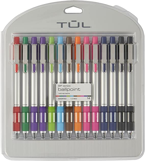TUL® BP Series Retractable Ballpoint Pens, Medium Point, 1.0 mm, Silver Barrel, Assorted Inks, Pack Of 14 Pens