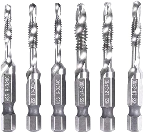 Hymnorq SAE Spiral Flute 3 in 1 Combination Drill Tap and Countersink Bit Set of 6pcs with 1/4 Inch Hex Shank for Tapping in Wood Plank Aluminum Plate and Sheet Iron