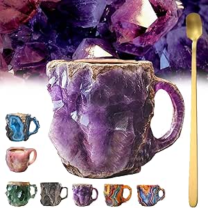 Mineral Crystal Coffee Mugs, Natural Mineral Crystal Coffee Mug, Mineral Crystal Coffee, Mugcrystal Coffee Mugs, Christmas Coffee Mugs with spoon (Purple)