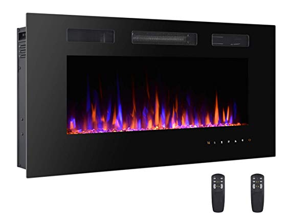 3GPlus 42" Electric Fireplace Wall Recessed Heater Crystal Stone Flame Effect 3 Changeable Color, Double Remote, 1500/750W-Black