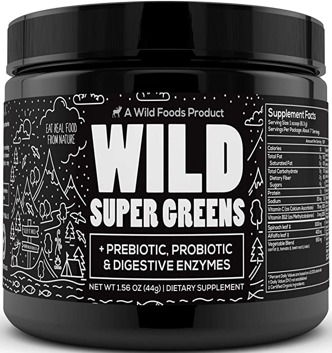 Wild Super Greens Superfood Powder - Organic Green Powder Supplement with Prebiotic Probiotic & Digestive Enzymes - Mixed with Kale, Spirulina, Beta Carotenes - Keto Friendly (7 Servings)