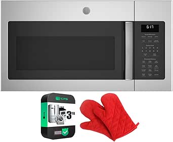 GE JVM6175SKSS 1.7 Cu. Ft. Over-the-Range Sensor Microwave Oven Stainless Steel Bundle with Deco Chef Pair of Red Heat Resistant Oven Mitt and 3 YR CPS Enhanced Protection Pack