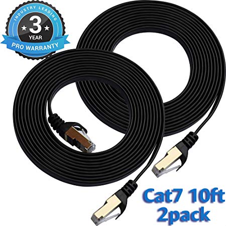 CAT 7 Ethernet Cable 10 Ft 2 Pack Black Flat Gigabit High Speed Gigabit Shielded RJ45 LAN Cable