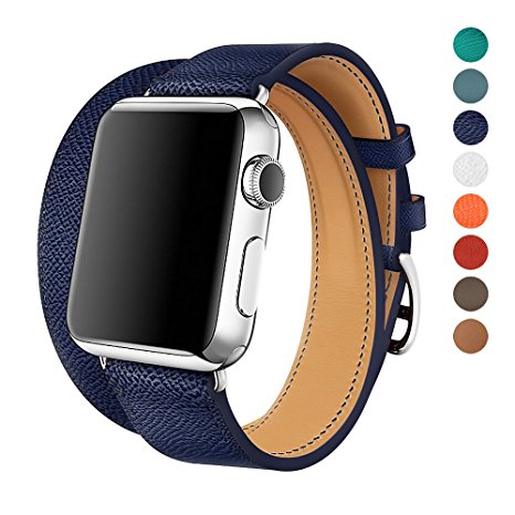 Apple Watch Band 38/42mm Leather Double Tour iwatch Strap Replacement Band with Stainless steel Adpter Clasp for Iphone Watch Series 3 Series 2 Series 1,Sport Edition ,Men Women (Deep Blue, 42mm)