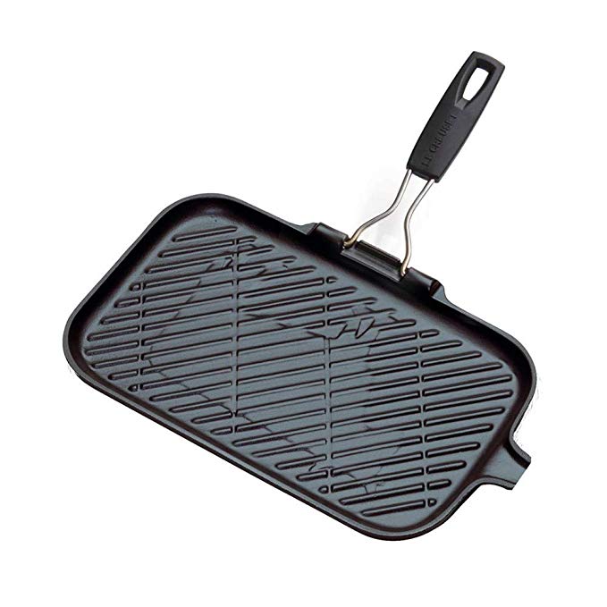 Le Creuset Enamelled Cast Iron Large Rectangular Grill Pan, with Folding Handle, for Low Fat Cooking on All Hob Types Including Induction, 24 cm, Satin Black, 200490000
