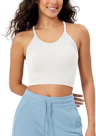 ODODOS Women's Crop Seamless Rib-Knit Camisole Strappy Racerback Cropped Tank Tops