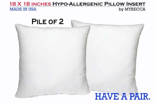 PILE OF 2 by Mybecca [18 x 18 inches] Pillow Insert Hypoallergenic Sham Stuffer in Polyester Form Cover, MADE IN USA