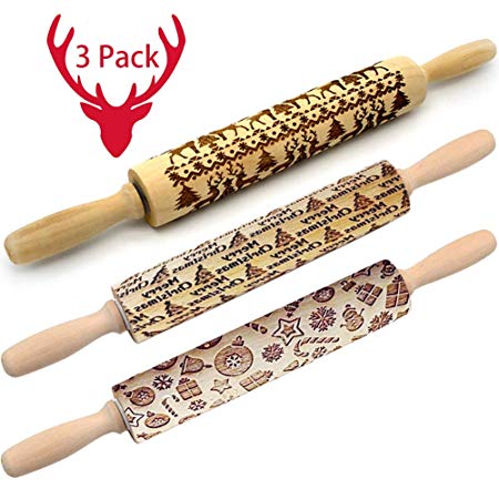Christmas Wooden Rolling Pins,Engraved Embossing Rolling Pin with Christmas Deer Pattern for Baking Embossed Cookies,Rolling Pin Kitchen Tool (17inch)