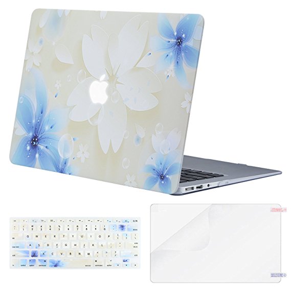 Mosiso Plastic Pattern Hard Case with Keyboard Cover with Screen Protector for MacBook Air 13 Inch (Model: A1369 and A1466), Lily on White Base