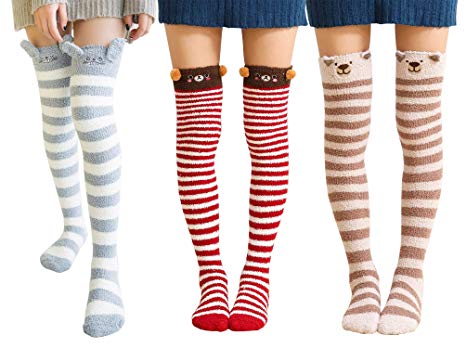 Urban CoCo Women's Cartoon Fuzzy Socks Winter Warm Over Knee High Socks