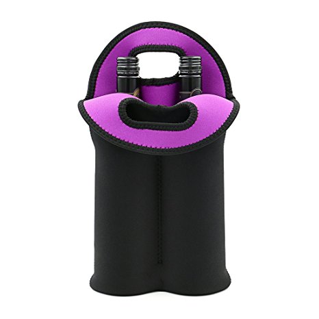 Hipiwe Wine Carrier Tote Bag Two Bottle Insulated Neoprene Wine/Water Bottle Holder for Travel with Secure Carry Handle