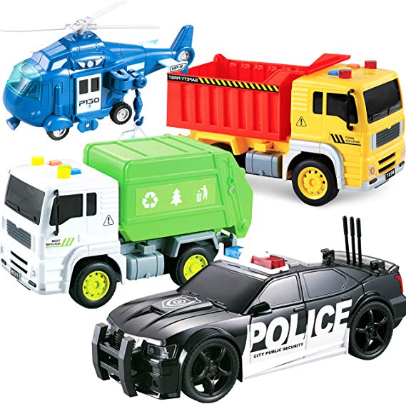 Friction Powered Push and Go Truck Toy - Action City Vehicle Play Set Police Car, Garbage Truck, Construction & Emergency Helicopter Toys for Kids, Boys Ages 2 3 4 5   Push & Pull w/ Lights & Sounds