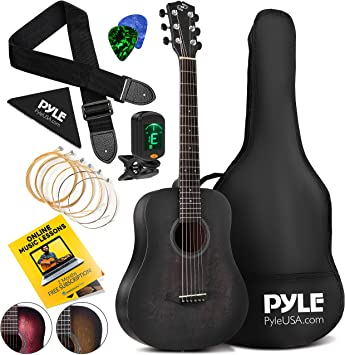 Pyle Beginner Acoustic Guitar Starter Pack 34” ½ Junior Size 6 Linden Wood Instrument w/Accessories Set, Case, Bag, Steel Strings, Nylon Strap, Tuner, Picks, Right, Black (PGA820BK)