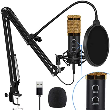 【2021 Upgraded】 USB Condenser Microphone for Computer, Great for Gaming, Podcast, LiveStreaming, YouTube Recording, Karaoke on PC, Plug & Play, with Adjustable Metal Arm Stand, Ideal for Gift, Gold