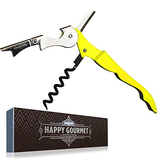 Waiters Corkscrew by Happy Gourmet Kitchenware - All-in-one Corkscrew, Wine Opener, Bottle Opener and Foil Cutter (Yellow)