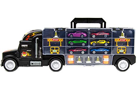 Toysery Transport Car Carrier Truck Toy for Kids with 6 Alloy Cars and 28 Slots - Long Truck Toy for Boys, Girls & Children - 20" Long