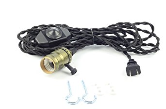 Supmart UL Listed Single Vintage Edison Socket plug in Pendant Light Kit Cord with Dimmer Switch and 15FT Twisted Black Cloth Cord Hanging Light Fixture