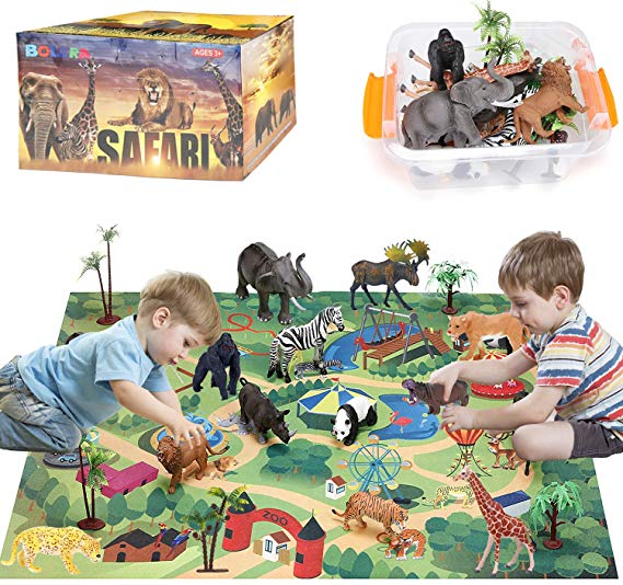 BOLZRA Safari Animals Figurines Toys with Activity Play Mat & Trees, Realistic Plastic Jungle Wild Zoo Animals Figures Playset with Elephant, Giraffe, Lion, Gorilla for Kids, Boys & Girls, 22 Piece