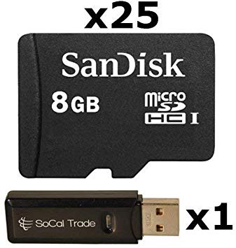 25 PACK - SanDisk 8GB MicroSD HC Memory Card SDSDQAB-008G (Bulk Packaging) LOT OF 25 with USB 2.0 MicoSD & SD Memory Card Reader