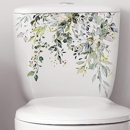 Plant Leaves Flowers Toilet Seat Lid Stickers Self-Adhesive Bathroom Wall Stickers Green Leaf Floral Toilet Lid Decals DIY Removable Waterproof Toilet Sticker for Bathroom Cistern Decor Green