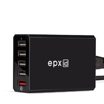 EPXID Quick Charge 2.0 40W Multi-Port USB Desktop Charging Station Dock with Smart IC Technology, 1 Port QC2.0   4 Port with Smart IC Technology, 5 Port Desktop Charger for SmartPhones (Black)