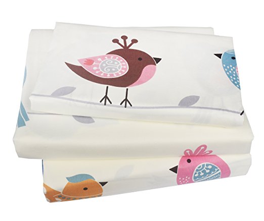 Kids Boy Girl Lovely Birds Chicken 100% Cotton 210 Thread Count 3-Pieces Twin Bedding Set, Flat Sheet + Fitted Sheet + Pillowcase