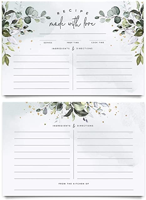 Bliss Collections Recipe Cards, Pack of 50 Double-Sided 4x6 Greenery Watercolor Cards for Weddings, Bridal Showers, Baby Showers, Housewarming Gifts - Quality Card Stock That's Easy to Write On