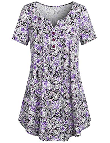 SeSe Code Women's Crewneck Button-up Ruched Short Sleeve Tunic Shirt