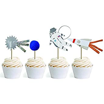 24 Pack Space Astronaut Cupcake Toppers Cake Decorations for Space Theme Party Kids Birthday Party Baby Shower