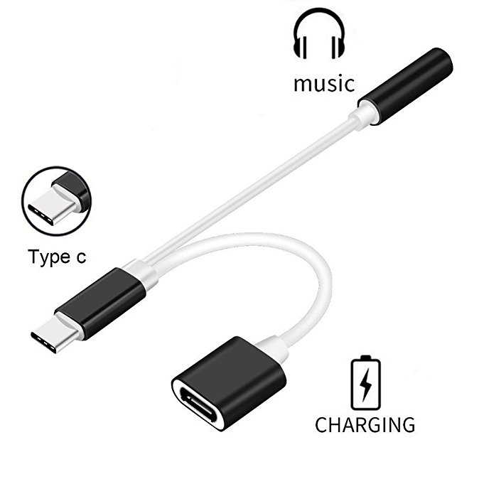 2 in 1 USB C Type C to 3.5mm Headphone Audio Aux Jack & Charge Adapter Cable Converter for Motorola Moto Z, Letv Le Pro 3, Other Mobile Phone That Without 3.5mm Audio Jack (Not Support HTC) (Black)