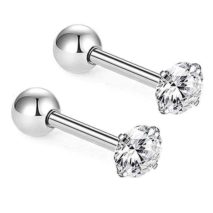 CrazyPiercing 2pcs Unisex Clear Cubic Zirconia Gem Stainlss Steel Barbell Earring, Cartilage Helix Earring, Stud Earring, Labret Studs (round)