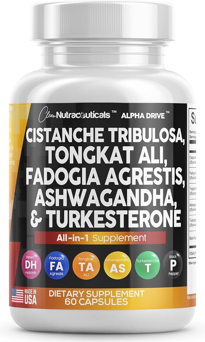 Clean Nutra Cistanche Tribulosa 6000mg Fadogia Agrestis 600mg Tongkat Ali 400mg Turkesterone Pills 2000mg Ashwagandha Extract 3000mg Capsules Supplement for Men - 60 Ct Made in USA