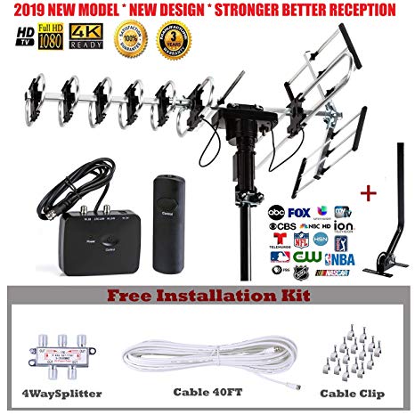 FiveStar Outdoor HD TV Antenna 2019 Newest Model Up To 200 Miles Range with Motorized 360 Degree Rotation, UHF/VHF/FM Radio with Infrared Remote Control Advanced Design With Installation Kit and Jpole