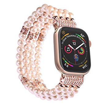Imymax Replacement for Apple Watch Band 38mm/40mm Handmade Beaded Elastic Stretch Faux Pearl Bracelet Replacement iWatch Strap/Wristband for iWatch Series 4/3/2/1 - Pink for Women Girl