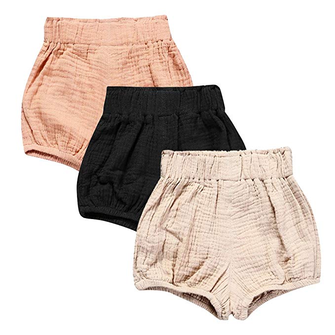 Mary ye Baby Girls Boys 3 Pack Cotton Linen Blend Cute Bloomer Shorts
