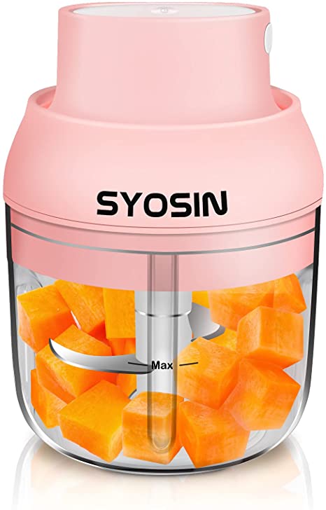 Mini Garlic Chopper Electric,SYOSIN 250ml Wireless Portable Food Processor for Kitchen,Battery Onion Mincer for Chop Ginger Vegetable Pepper Spice Meat Baby Food,BPA Free, (Pink)