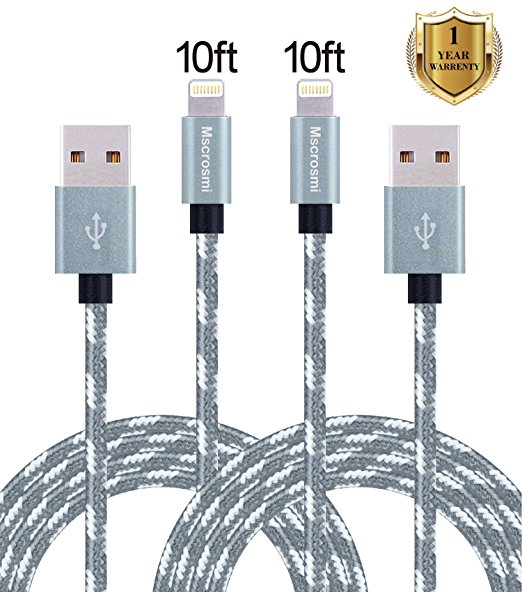 Mscrosmi 2Pack 10FT Extra Long Nylon Braided Lightning to USB Sync Charge Cable Cord Charger iPhone 6s/6s Plus/6/6Plus/5s/5c/5, iPad/iPod Models (gray  silver)