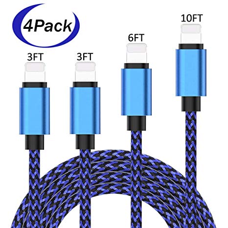 Lightning Cable, iPhone Charger Cables 4Pack 3FT 3FT 6FT 10FT to USB Syncing Data and Nylon Braided Cord Charger for iPhoneX/Xr/8/8Plus/7/7Plus/6/6Plus/6s/6sPlus/5/5s/5c/SE Case and More