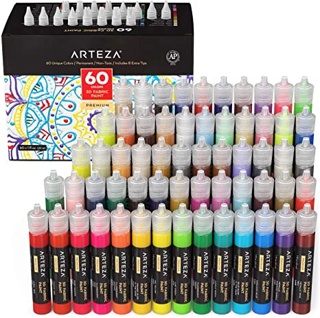 Arteza 3D Fabric Paint, Set of 60, Metallic & Glitter Colors, 1oz Tubes, Glow-in-The-Dark & Vibrant Shades, Textile Paint for Clothing, Accessories, Ceramic & Glass