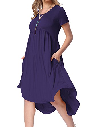 Levaca Women's Scoop Neck Pockets High Low Pleated Loose Swing Casual Midi Dress